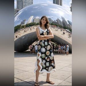 Farm Rio NWT Anthropologie Linen Sleeveless Scallop-Trim Slim Midi Dress size XS